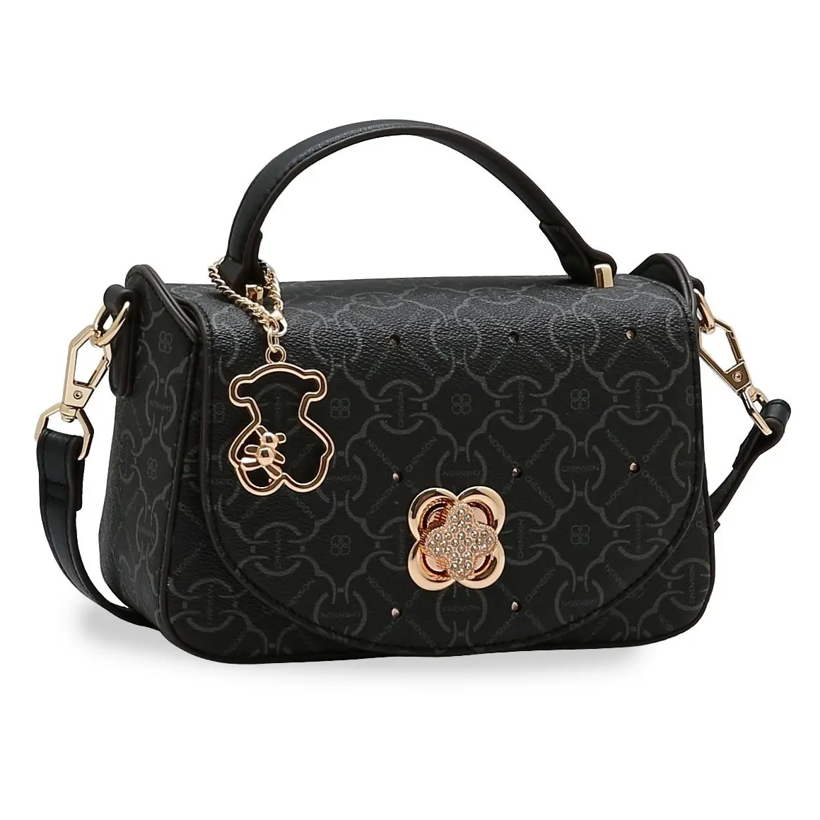Bolsa feminina Chenson Classic Cristal preta com alça de mão e tiracolo removível, estampa geométrica em relevo e detalhes metálicos dourados
